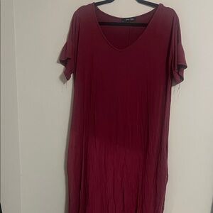 Basic V-Neck Short Sleeve Dress - Burgundy
